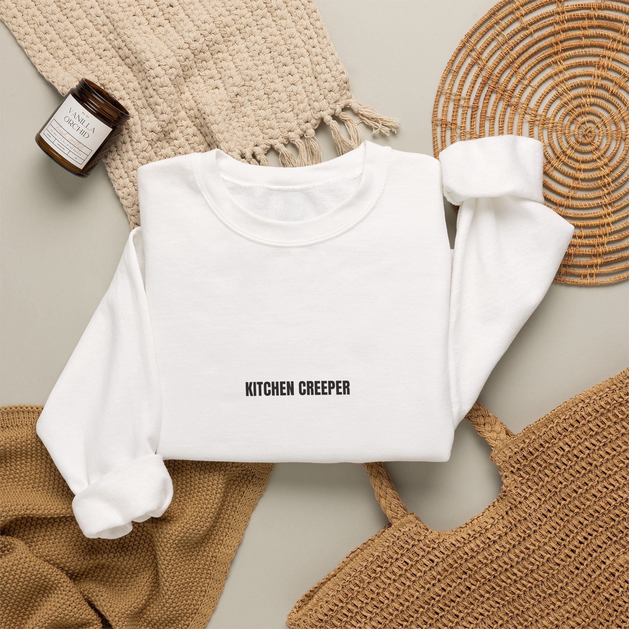 Kitchen Creeper Crewneck Sweatshirt — Minimal White Cozy Pullover