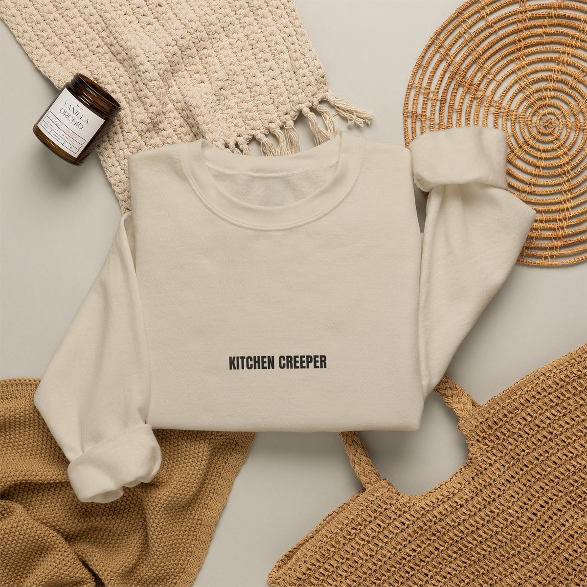 Kitchen Creeper Crewneck Sweatshirt — Minimal White Cozy Pullover